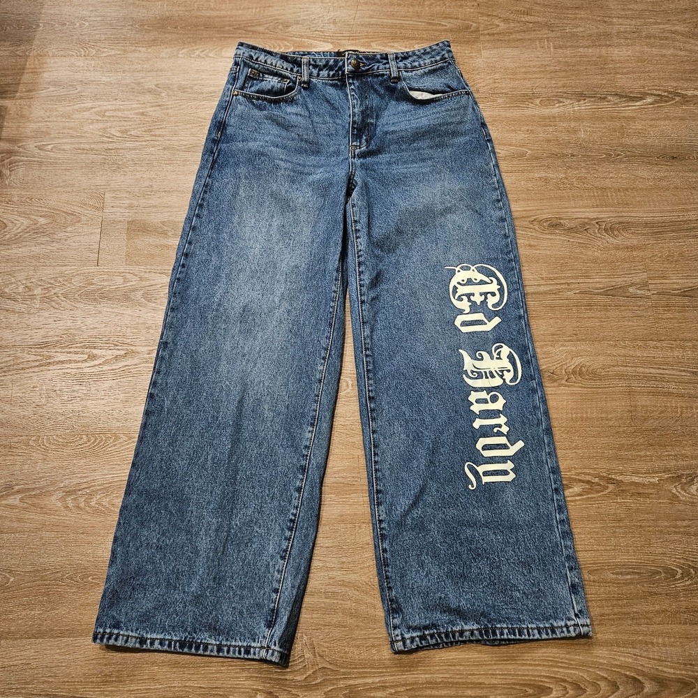 Ed Hardy Born Free Jeans Womens 32 Blue Wide Leg Tattoo Graphic Buckle Back Y2K